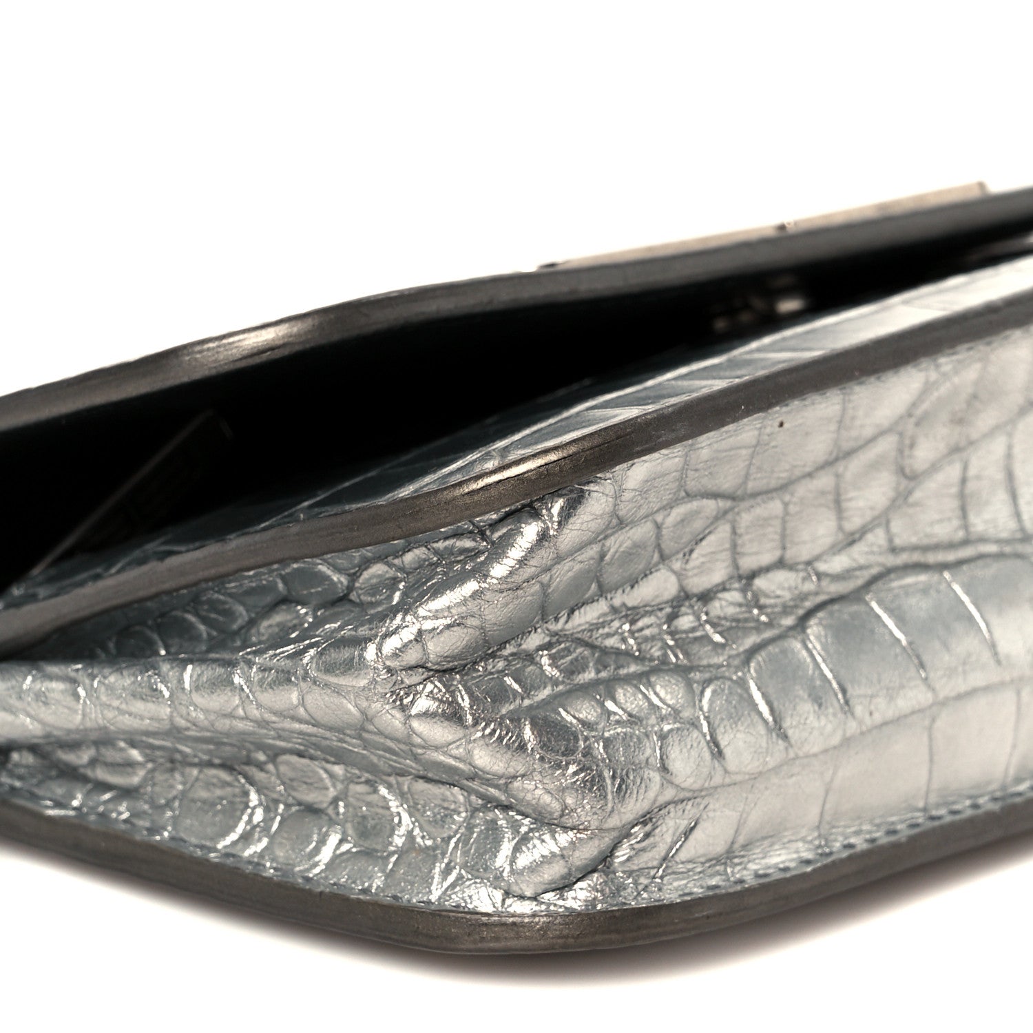 Balenciaga Metallic Extra Supple Calfskin Crocodile Embossed Gossip Wallet On Chain Silver