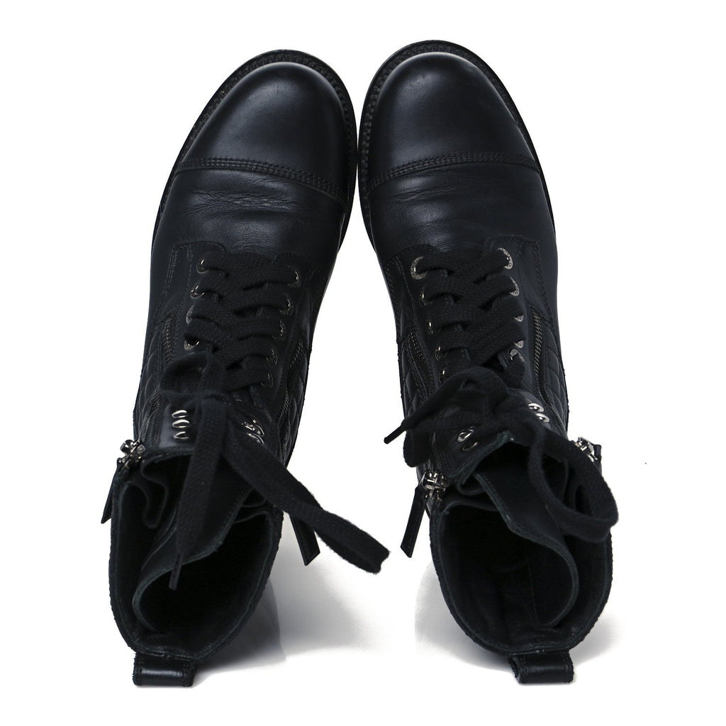 Chanel Calfskin Quilted Lace Up Combat Boots 39 Black