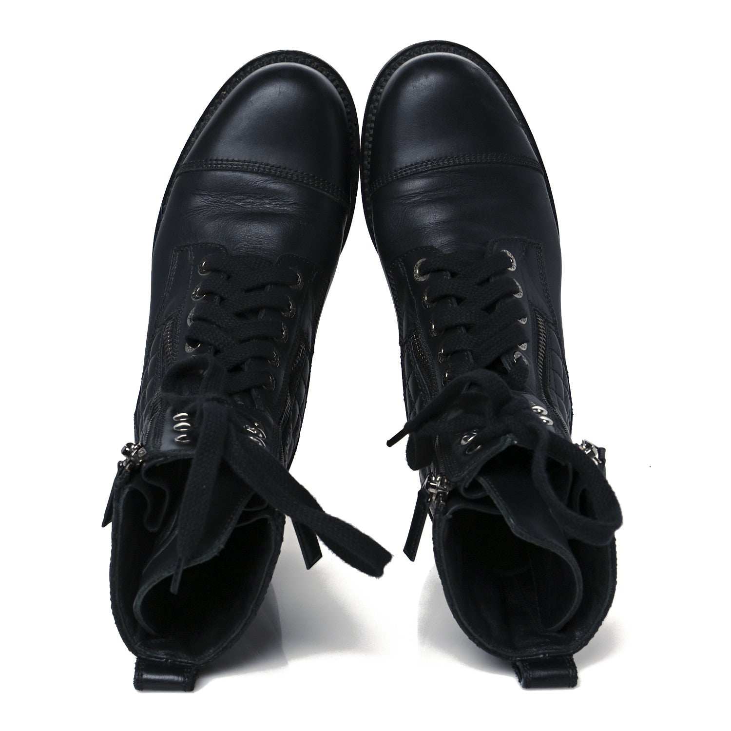 Chanel Calfskin Quilted Lace Up Combat Boots 39 Black