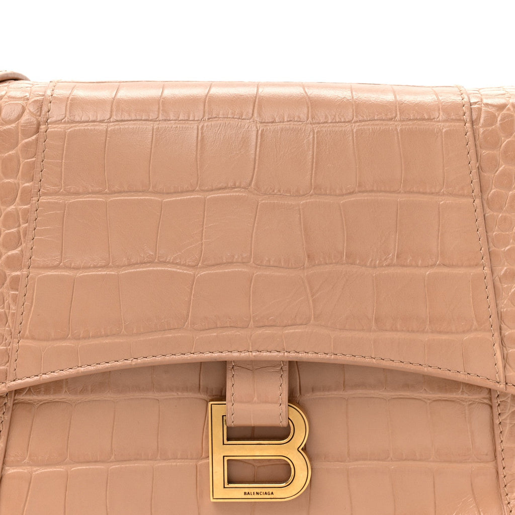 Balenciaga Extra Supple Calfskin Crocodile Embossed Small Downtown Shoulder Bag Nude Beige