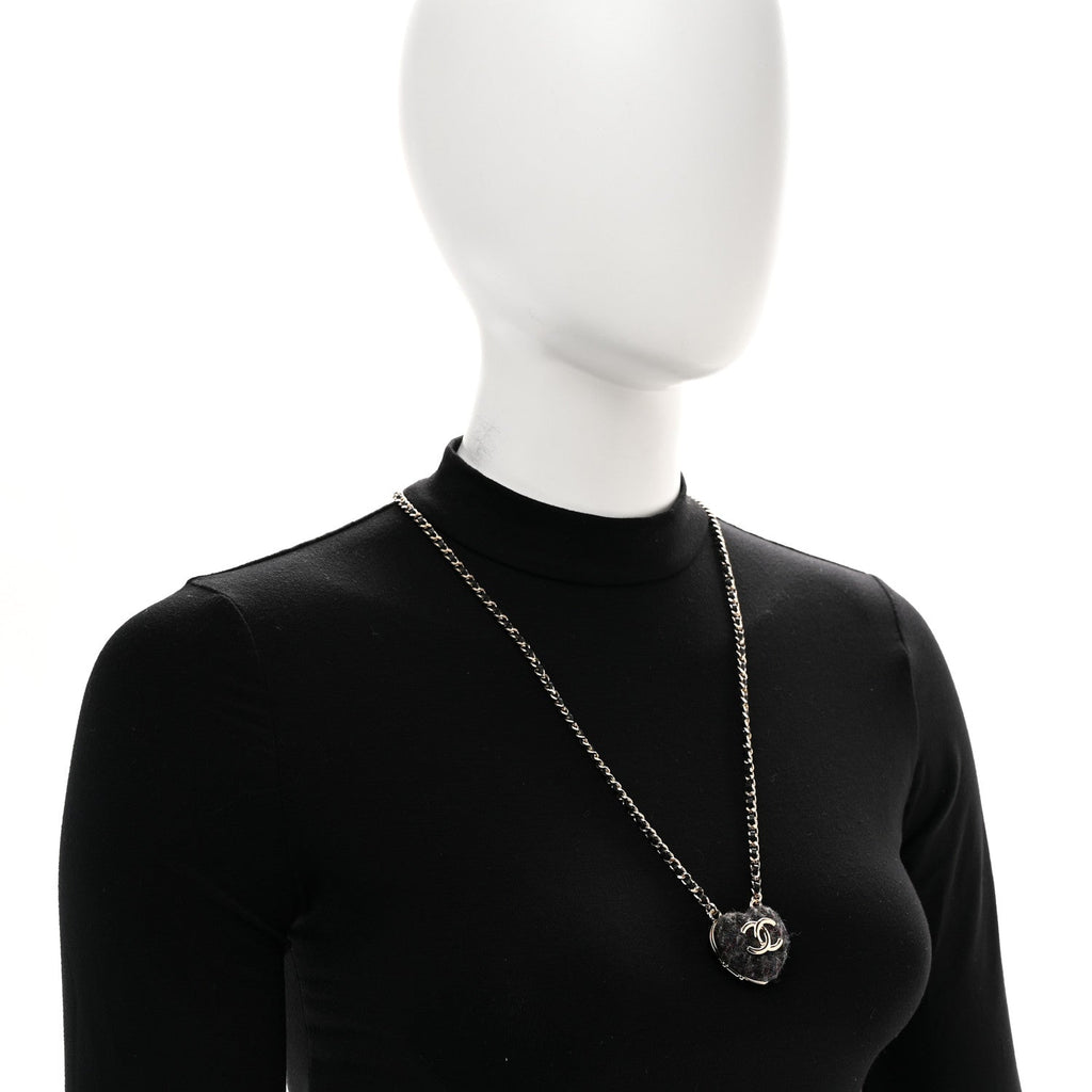 Chanel Tweed Lambskin CC Heart Locket Necklace Gold Black Beige