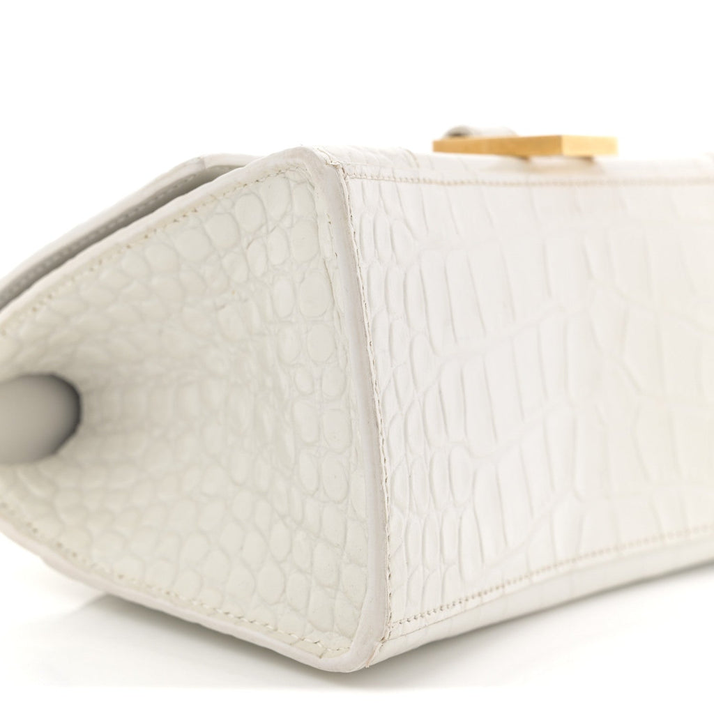 Balenciaga Calfskin Crocodile Embossed Small Hourglass Top Handle Bag White