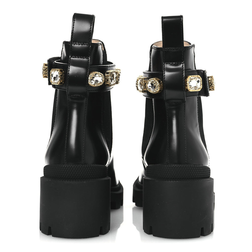 Gucci Calfskin Crystal GG Trip Chelsea Ankle Boots 35.5 Black
