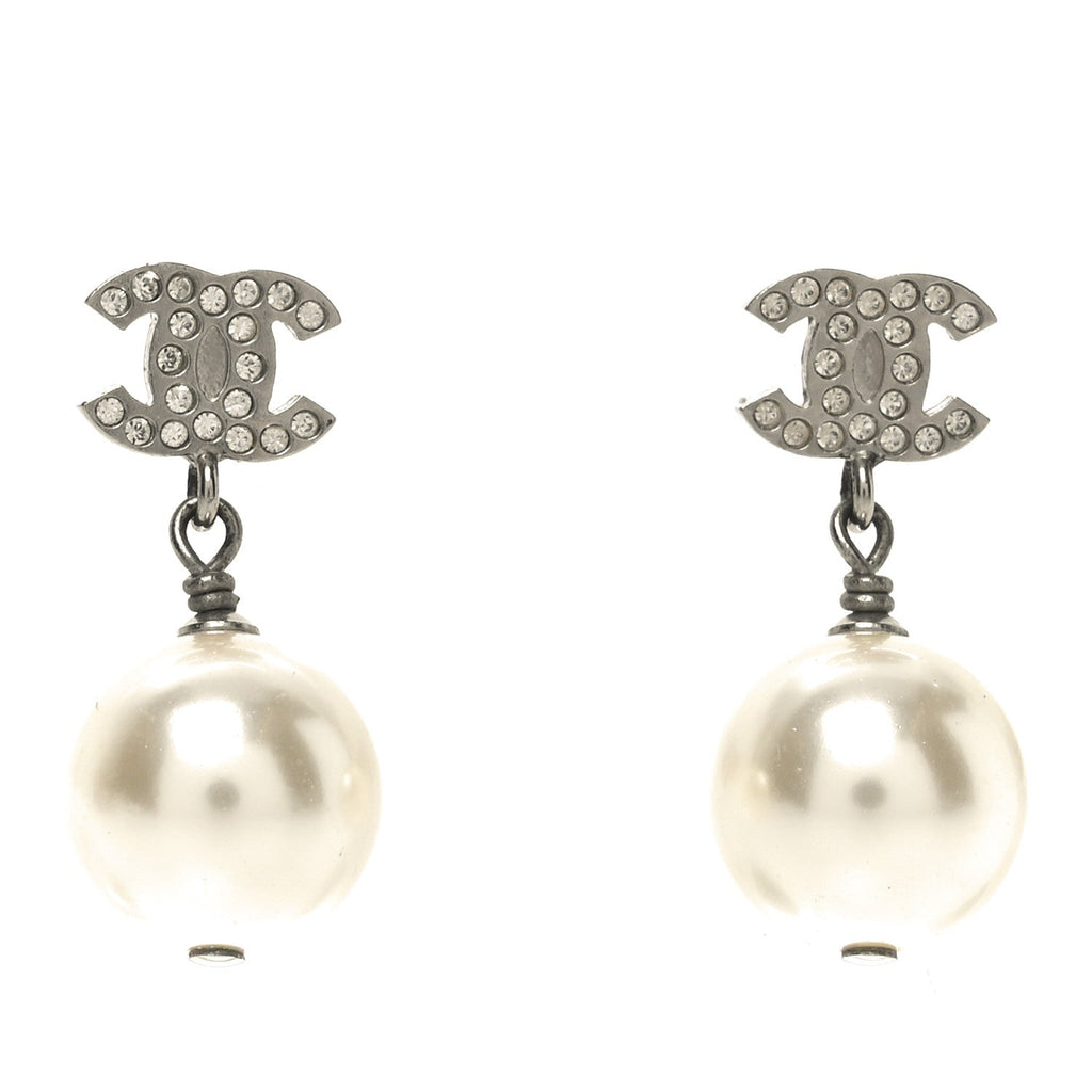 Chanel Crystal Pearl CC Drop Earrings Silver