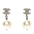Chanel Crystal Pearl CC Drop Earrings Silver