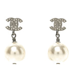 Chanel Crystal Pearl CC Drop Earrings Silver