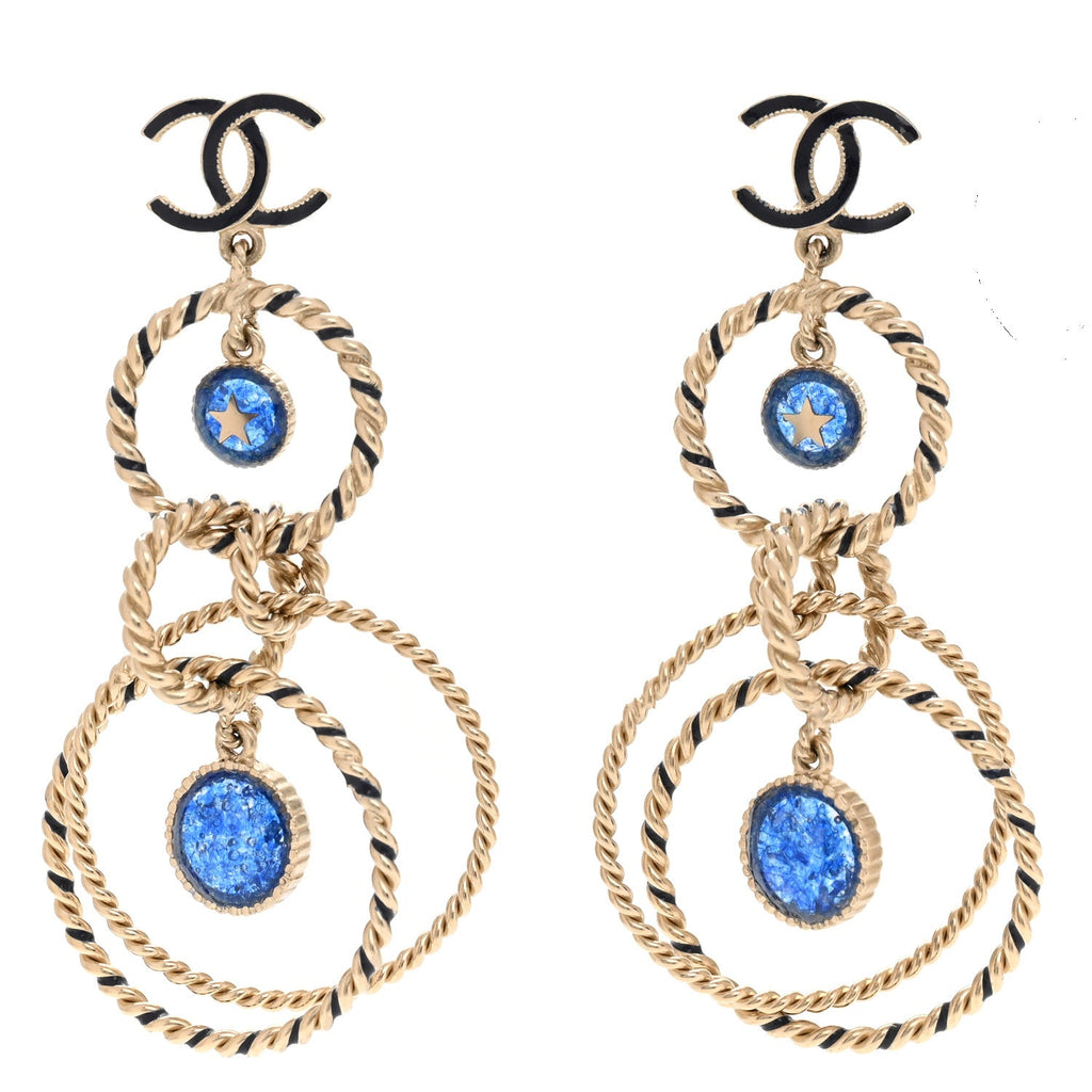 Chanel Resin Star Twisted CC Drop Earrings Blue Gold