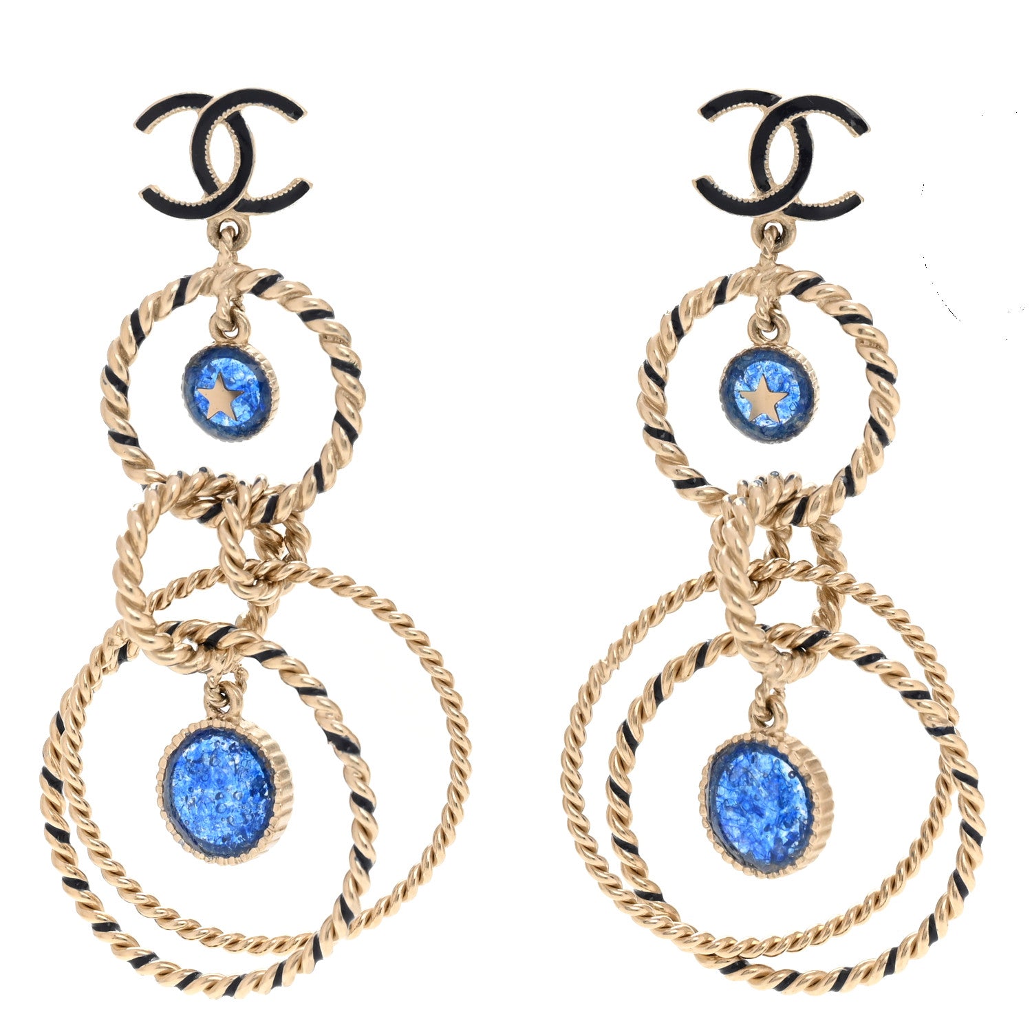 Chanel Resin Star Twisted CC Drop Earrings Blue Gold