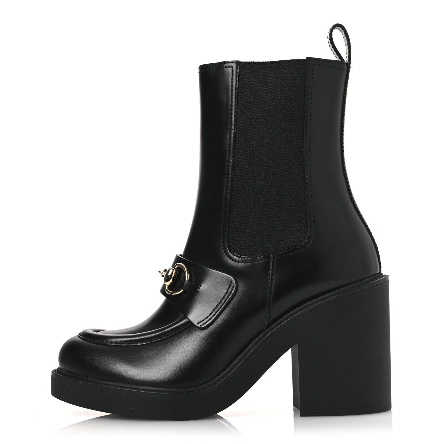 Gucci Calfskin Horsebit Double Stretch Rib Womens Ankle Boots 38.5 Black