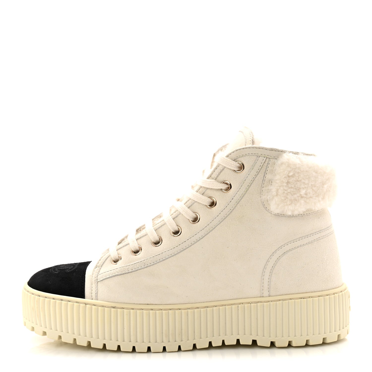 Chanel Kid Suede Shearling Sheepskin Lace Up Boots 38 Ivory White Black