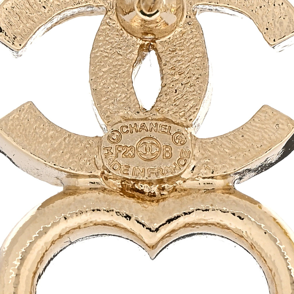 Chanel Metal Crystal CC Heart Drop Earrings Gold