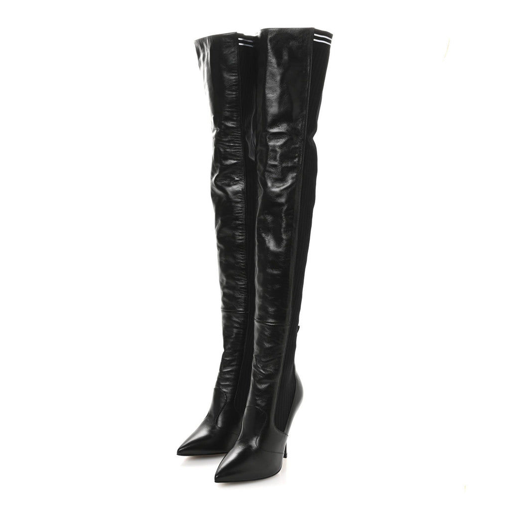 Fendi Vitello Lucido Stretch Fabric Striped Rockoko Thigh High 105mm Sock Boots 38 Black