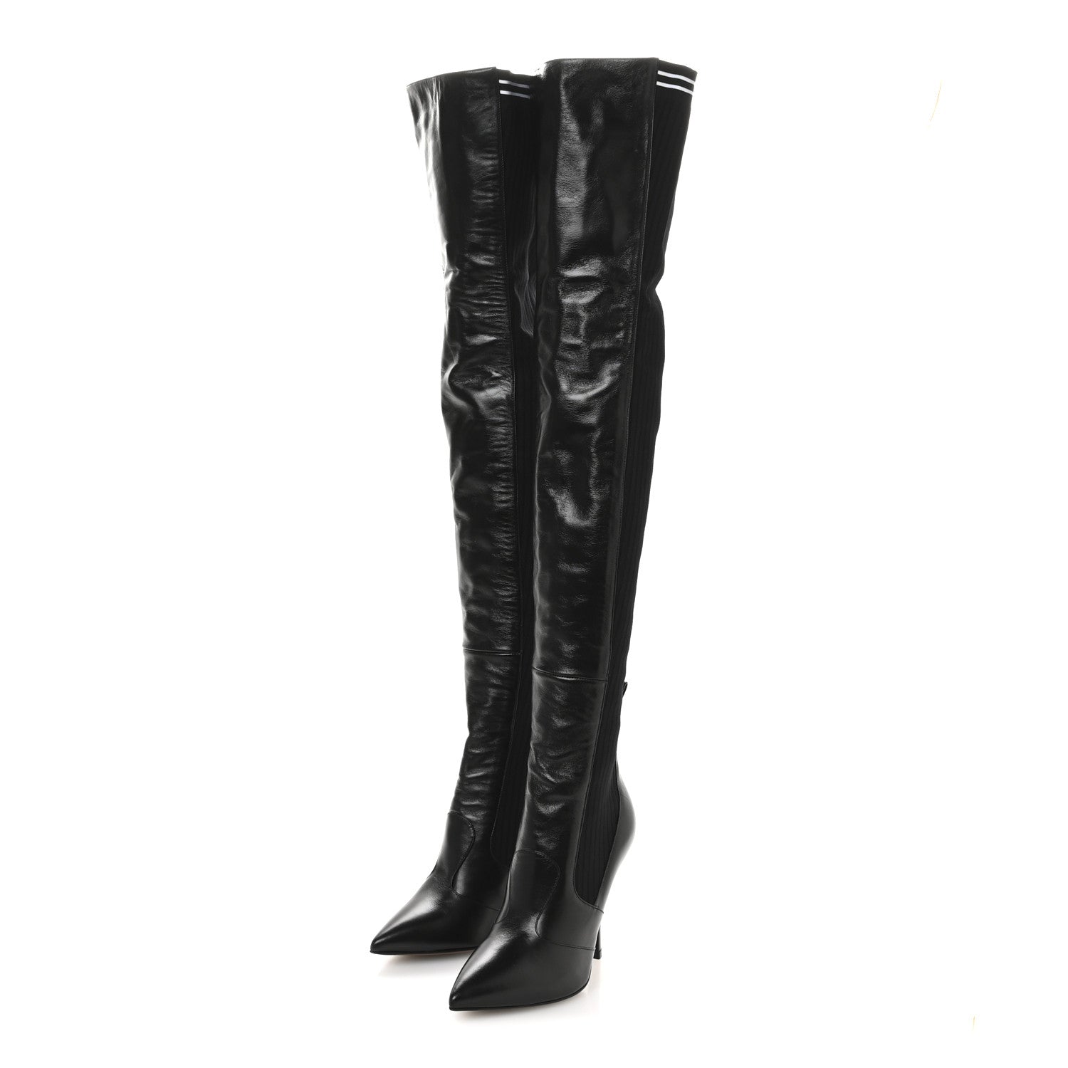 Fendi Vitello Lucido Stretch Fabric Striped Rockoko Thigh High 105mm Sock Boots 38 Black