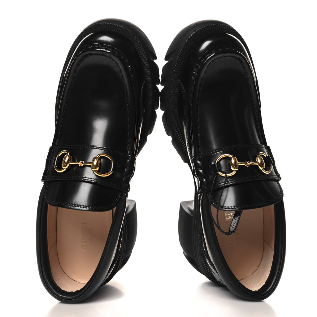 Gucci Magnum Calfskin Nappa Samoa Womens Horsebit Platform Chunky Lug Sole 40mm Loafers 40.5 Black