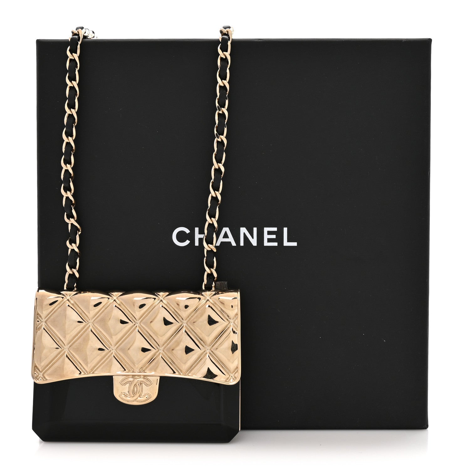 Chanel Metal Resin Lambskin Flap Bag Long Necklace Gold Black