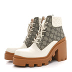 Gucci Calfskin GG Supreme Monogram Nappa Quilted Lace Up Ankle Boots 41 Mystic White Beige