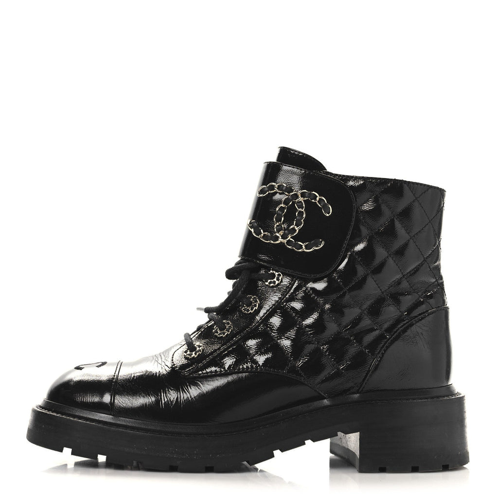 Chanel Shiny Calfskin Quilted Lace Up Combat Boots 39 Black