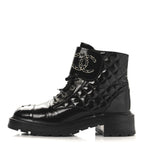 Chanel Shiny Calfskin Quilted Lace Up Combat Boots 39 Black