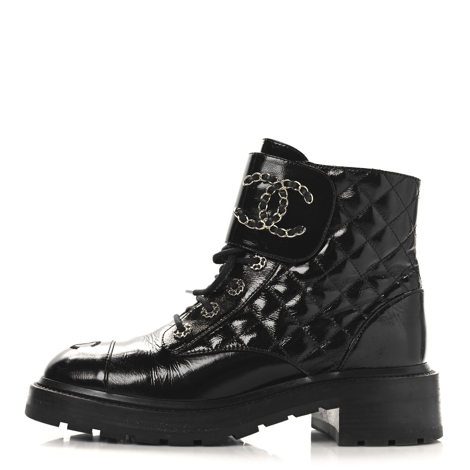 Chanel Shiny Calfskin Quilted Lace Up Combat Boots 39 Black
