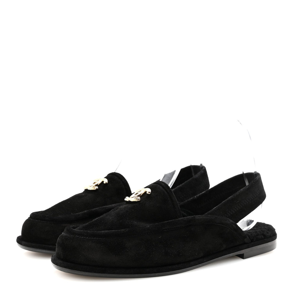 Chanel Suede Calfskin CC Slingback Loafers 39 Black