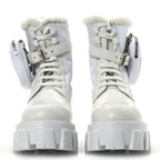 Prada Spazzolato Rois Nylon Shearling Metal Triangle Logo Monolith Pouch Pocket 55mm Boots 35.5 White