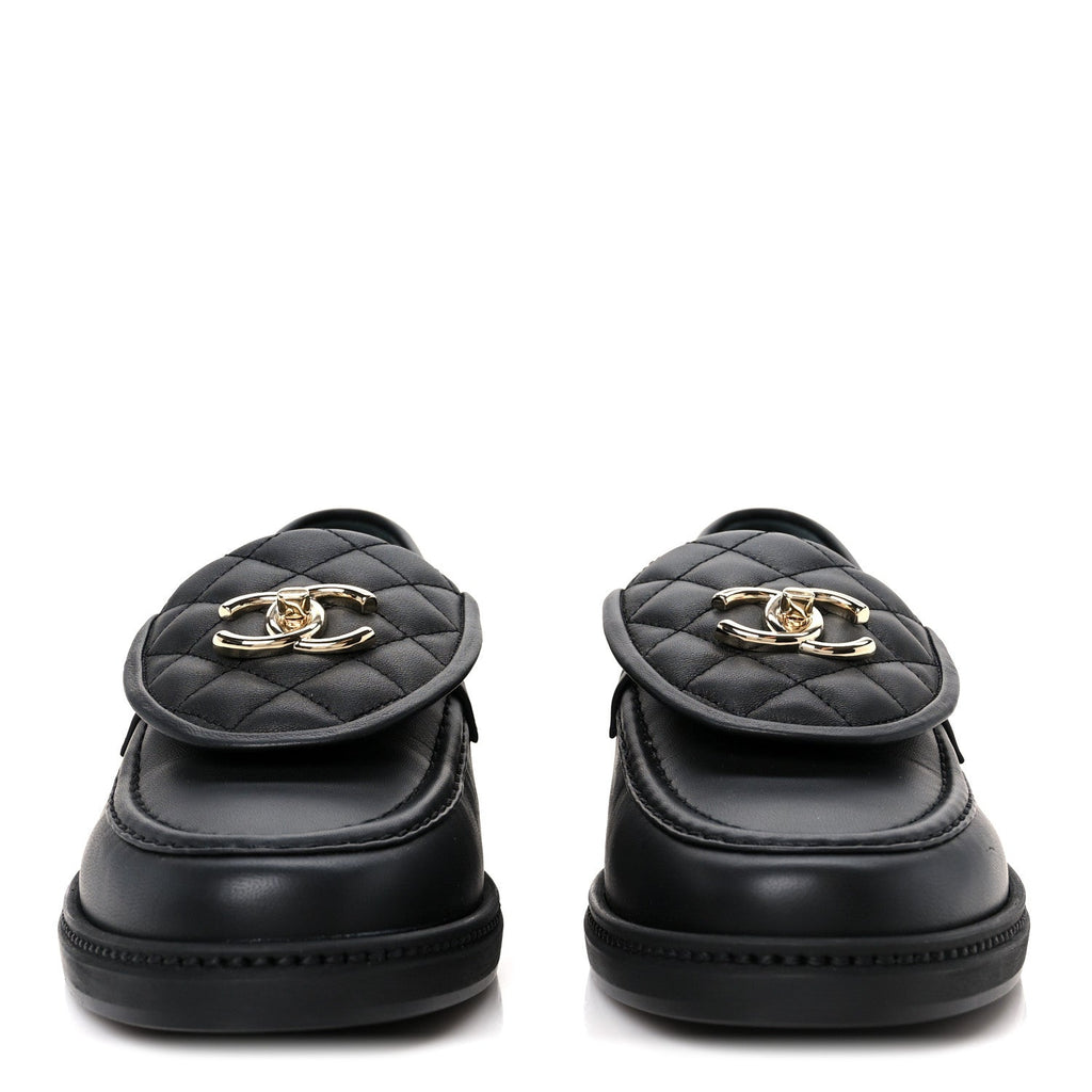 Chanel Lambskin Quilted CC Turnlock Loafers 39 Black