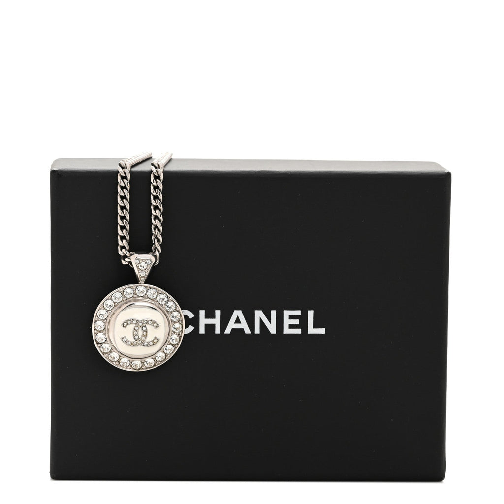 Chanel Crystal Enamel CC Pendant Necklace Silver White