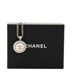 Chanel Crystal Enamel CC Pendant Necklace Silver White