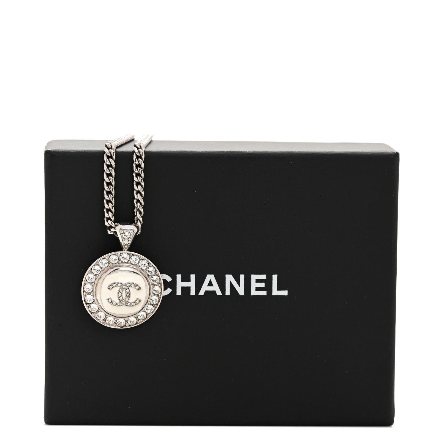 Chanel Crystal Enamel CC Pendant Necklace Silver White