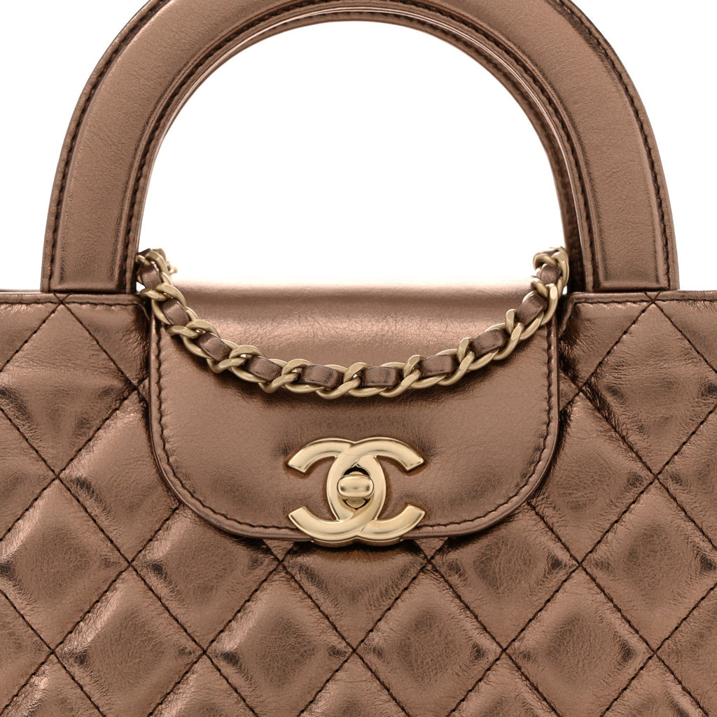 Chanel Metallic Aged Calfskin Quilted Nano Kelly Shopper Light Brown