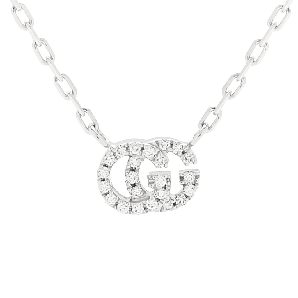 Gucci 18K White Gold Diamond Running GG Pendant Necklace