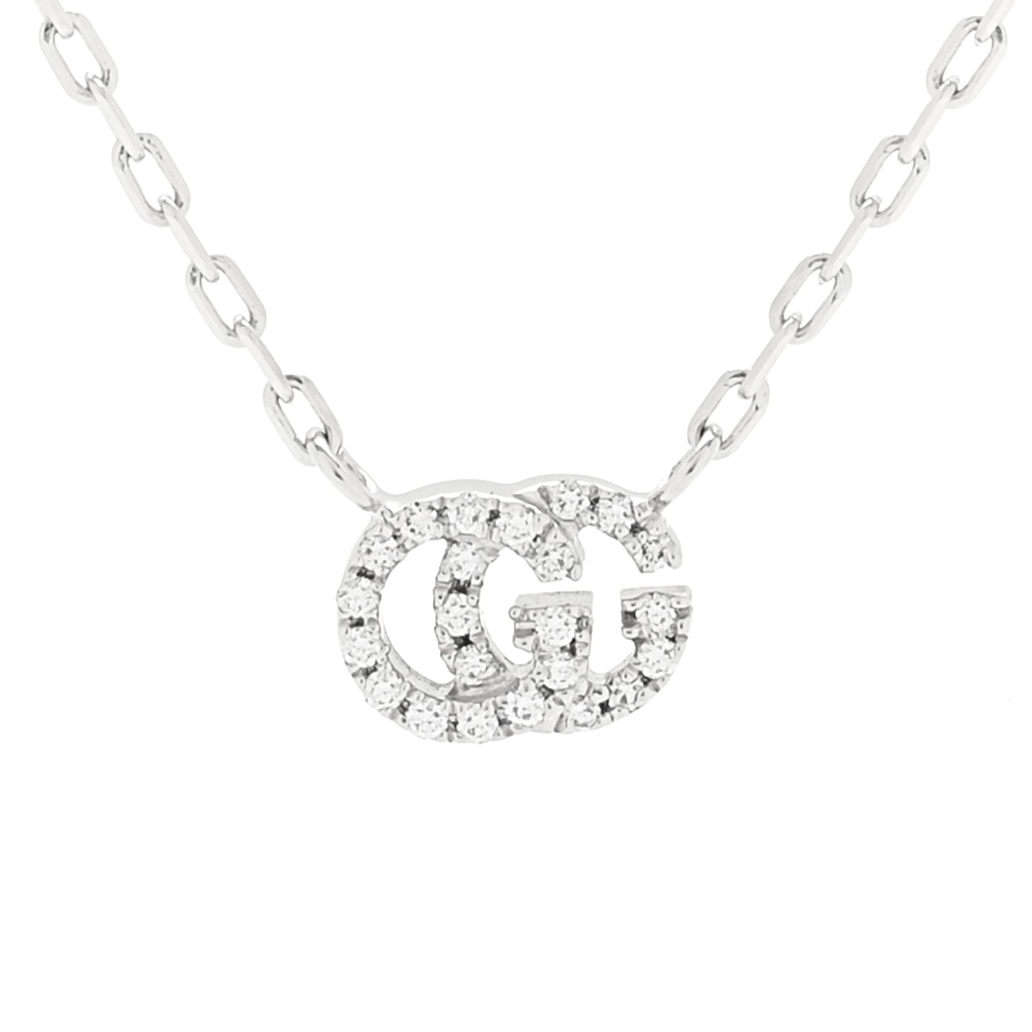 Gucci 18K White Gold Diamond Running GG Pendant Necklace