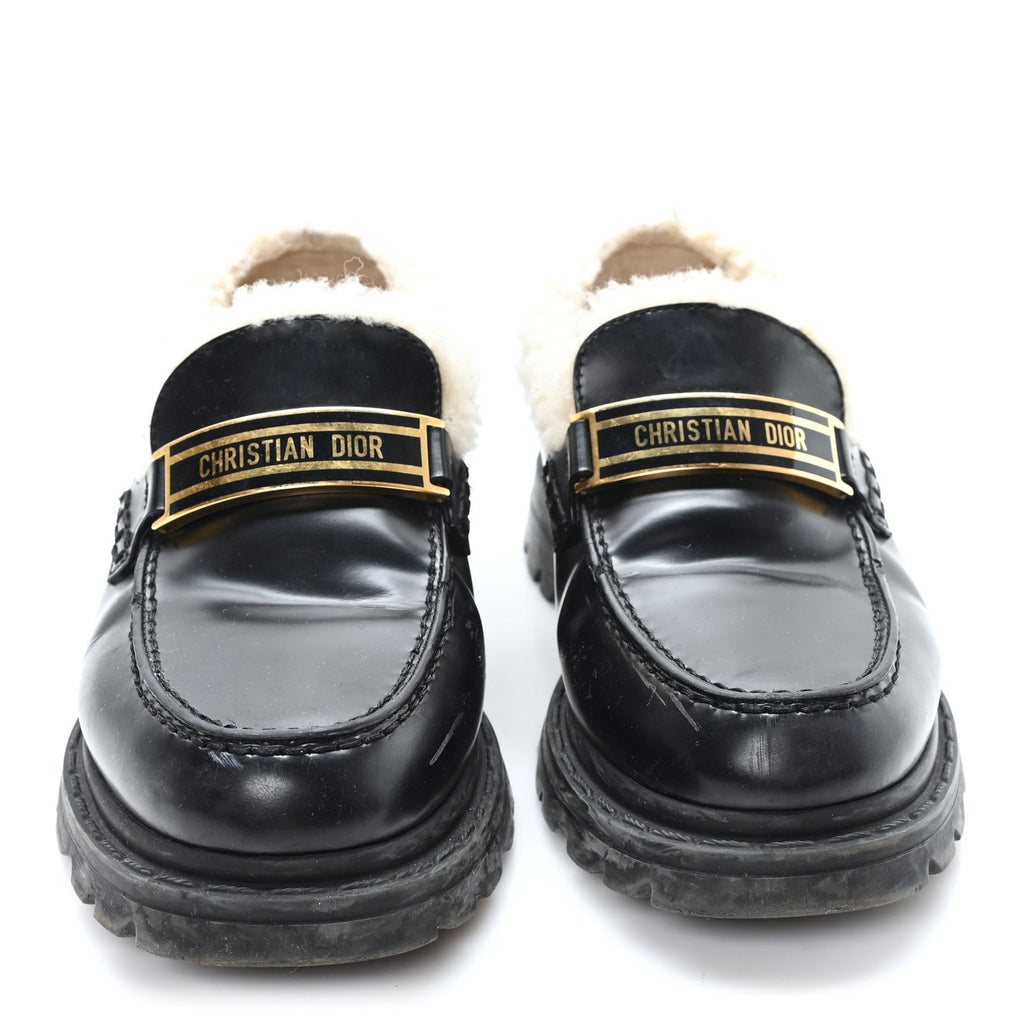 Christian Dior Brushed Calfskin Shearling Dior Code Lug Sole 15mm Loafers 35.5 Black Natural