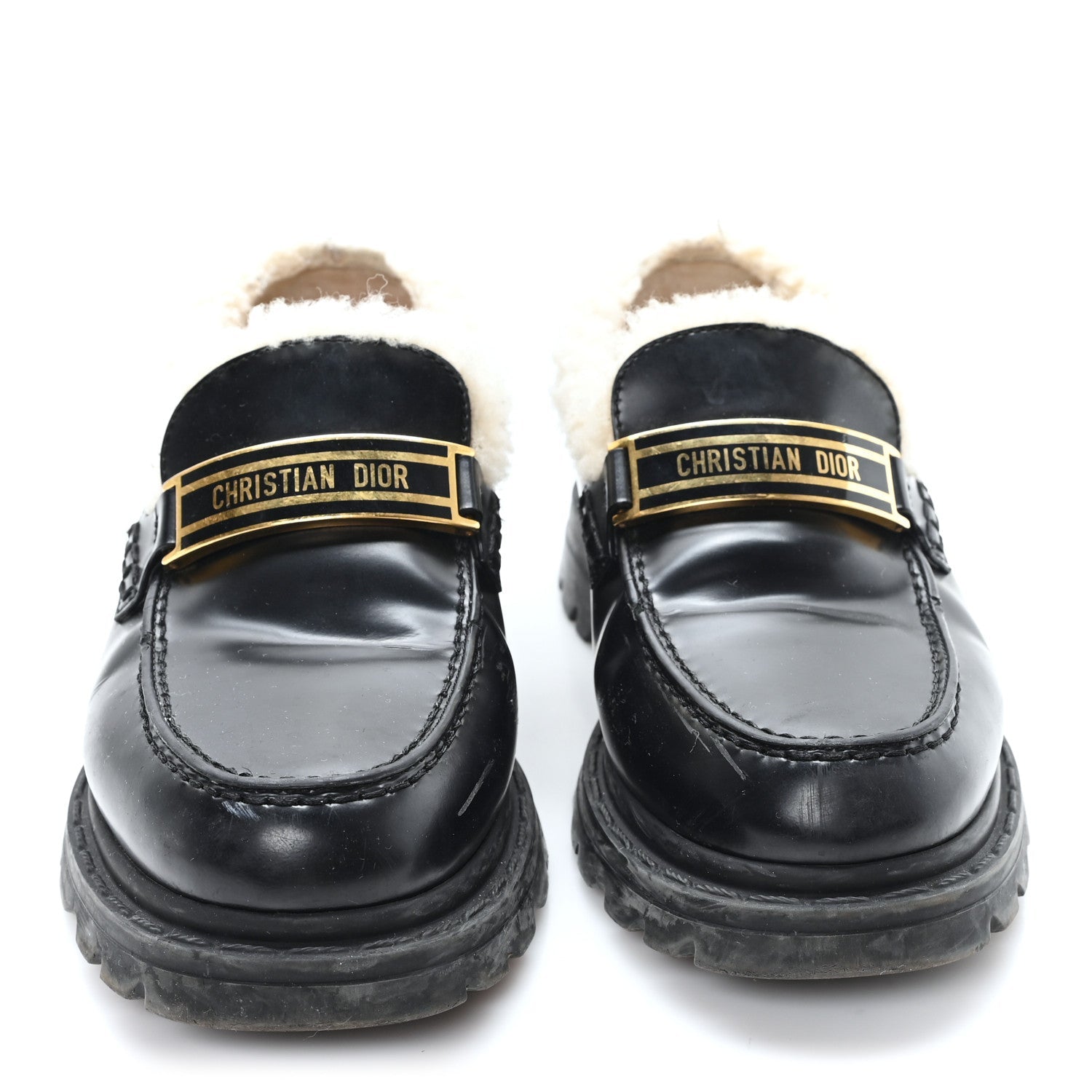 Christian Dior Brushed Calfskin Shearling Dior Code Lug Sole 15mm Loafers 35.5 Black Natural