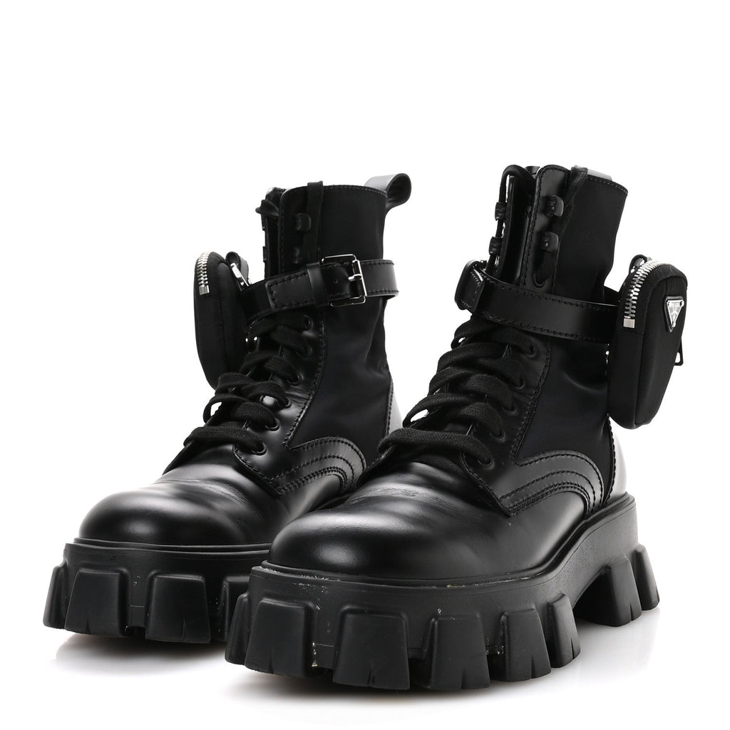 Prada Spazzolato Rois Nylon Metal Triangle Logo Monolith Pouch Pocket 55mm Boots 40 Black