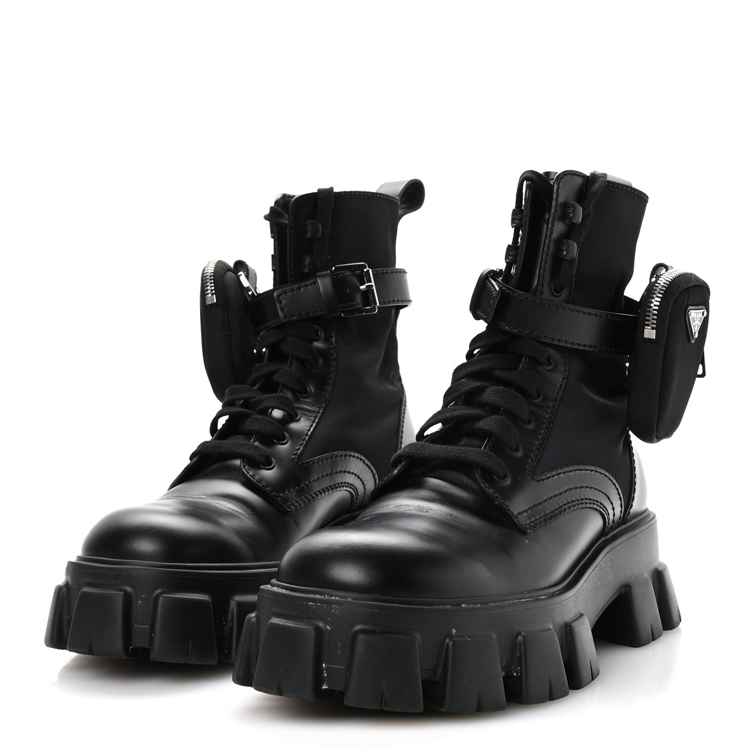 Prada Spazzolato Rois Nylon Metal Triangle Logo Monolith Pouch Pocket 55mm Boots 40 Black