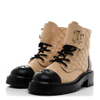 Chanel Lambskin Calfskin Quilted Lace Up Combat Boots 36.5 Beige Black