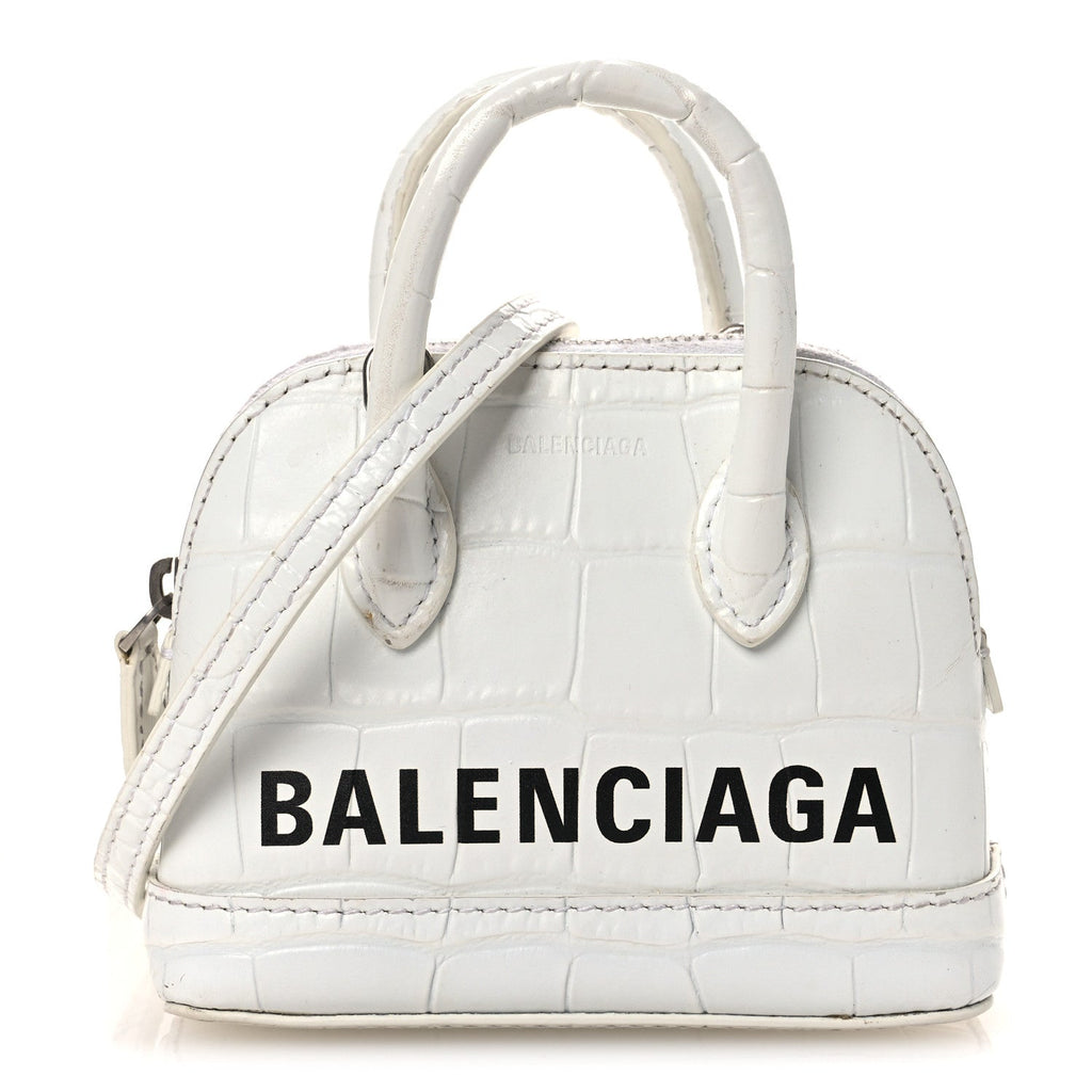 Balenciaga Calfskin Logo Crocodile Embossed Mini Ville Top Handle Bag White Black