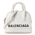 Balenciaga Calfskin Logo Crocodile Embossed Mini Ville Top Handle Bag White Black