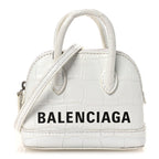 Balenciaga Calfskin Logo Crocodile Embossed Mini Ville Top Handle Bag White Black
