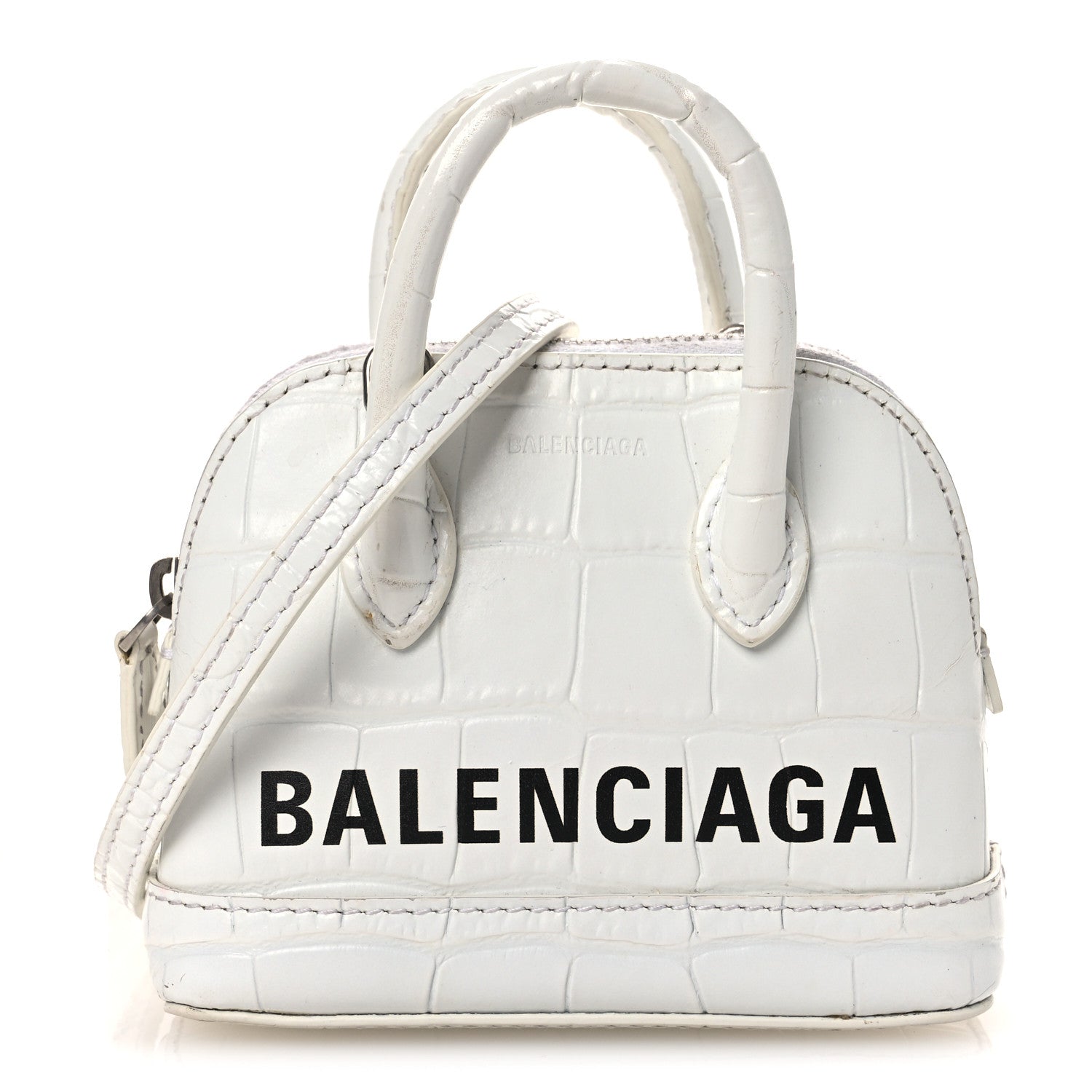 Balenciaga Calfskin Logo Crocodile Embossed Mini Ville Top Handle Bag White Black