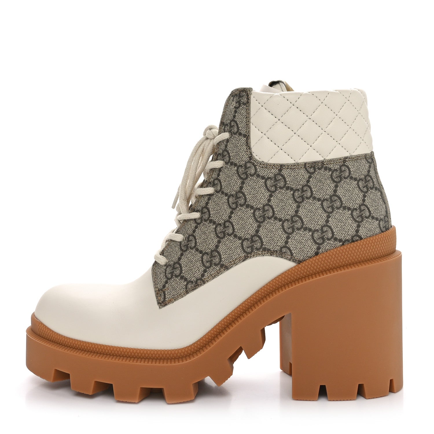 Gucci Calfskin GG Supreme Monogram Nappa Quilted Lace Up Ankle Boots 41 Mystic White Beige
