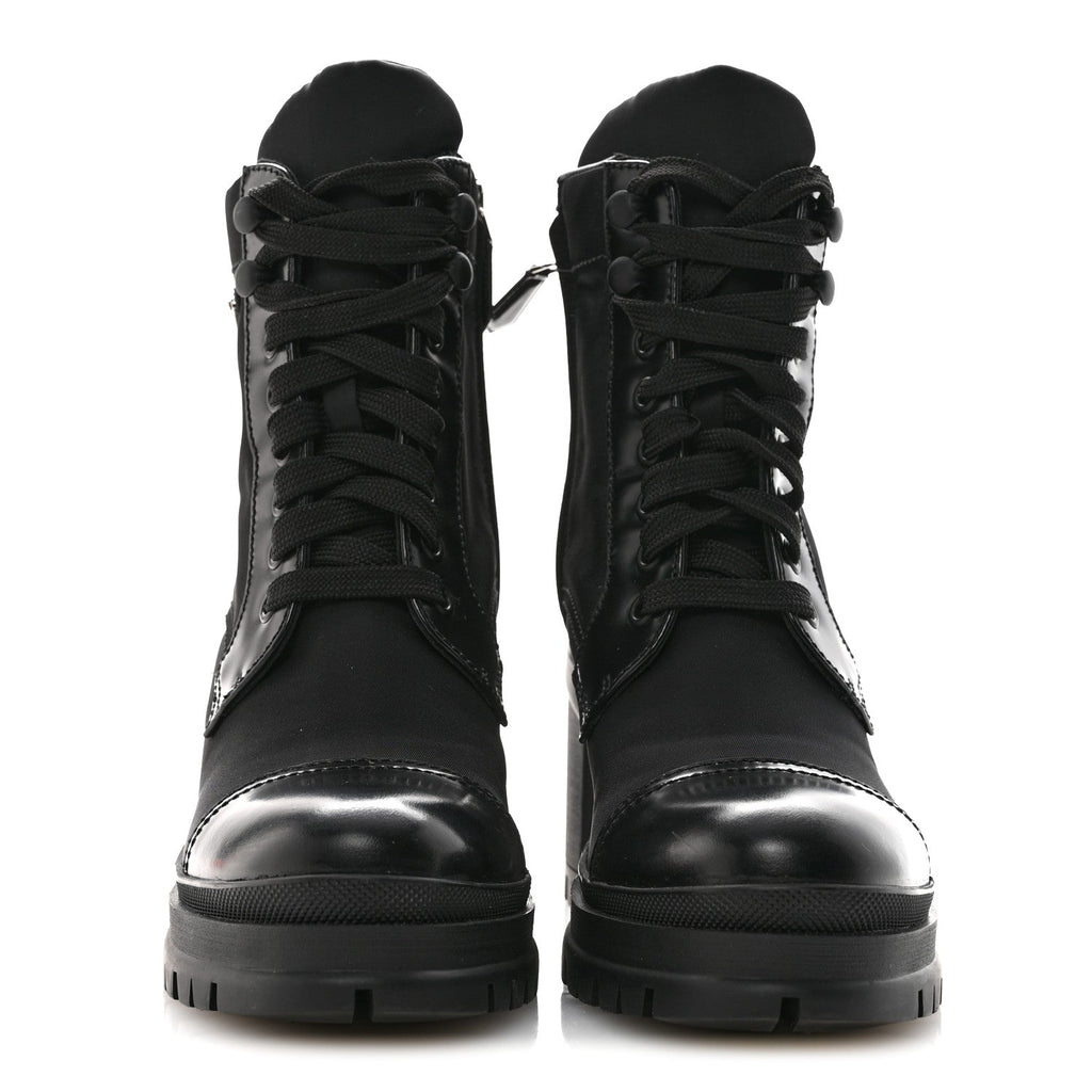 Prada Spazzolato Re-Nylon Metal Triangle Logo Lace Up 85mm Ankle Boots 39 Black