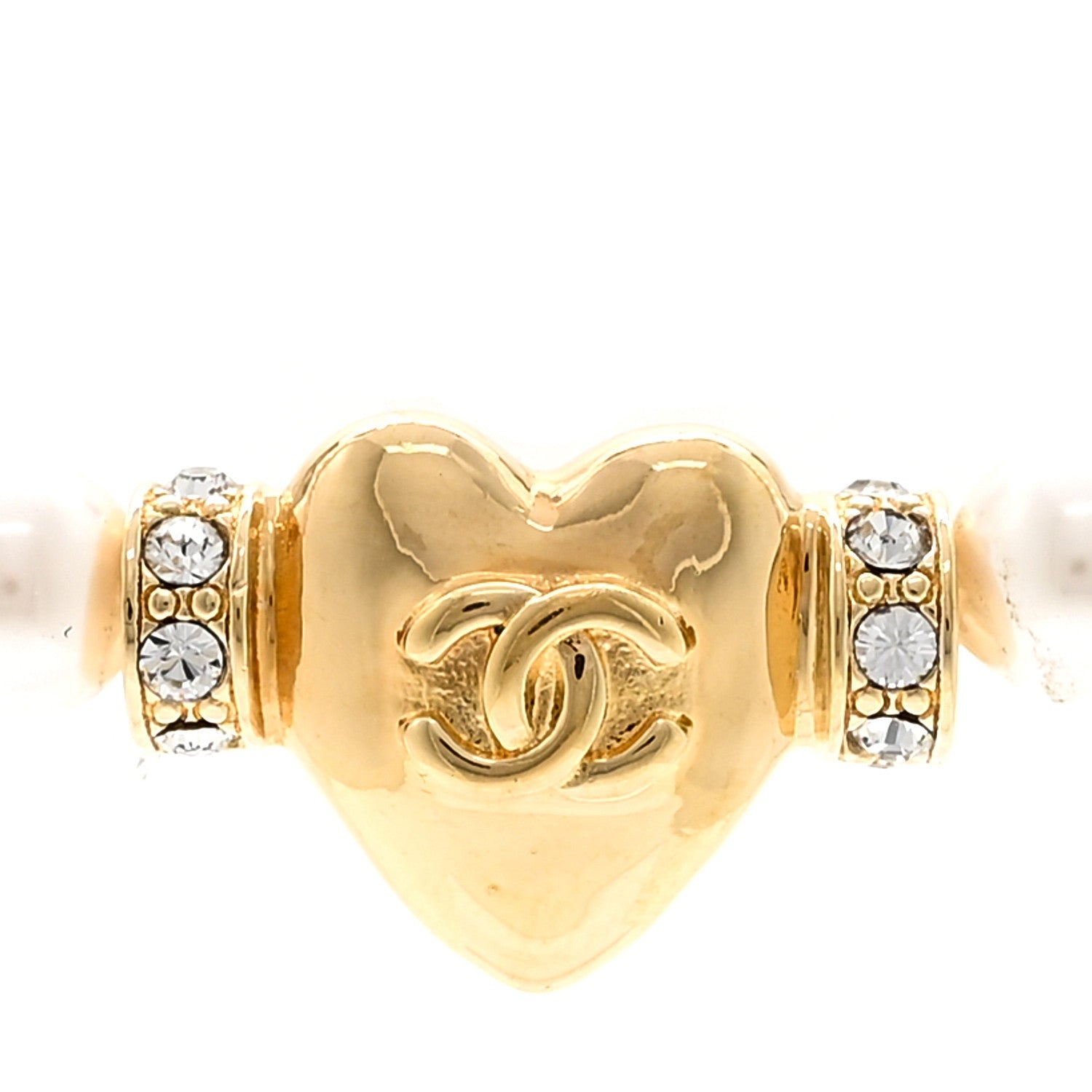 Chanel Crystal Pearl CC Heart Choker Necklace Gold