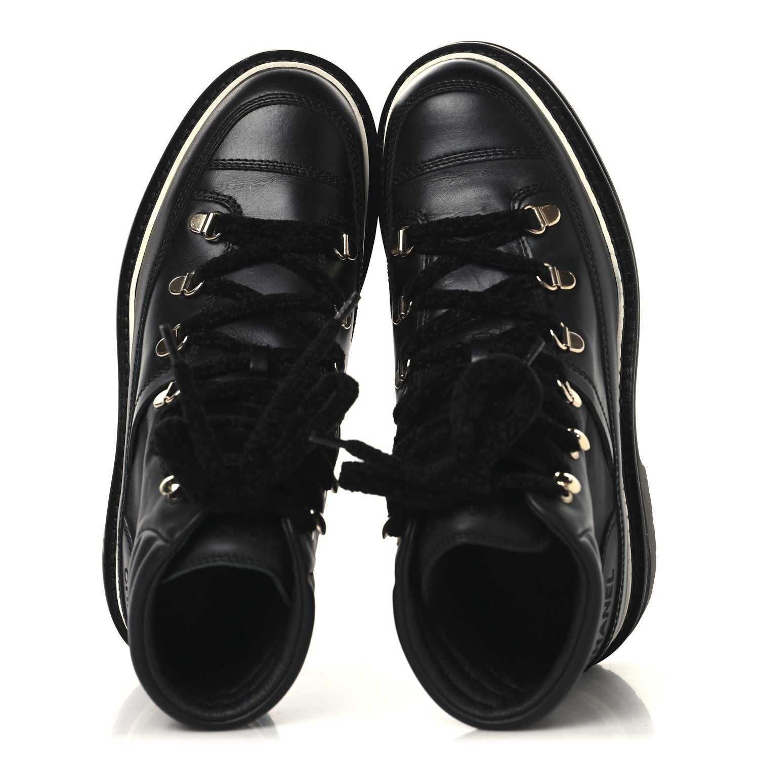 Chanel Calfskin Lambskin Lace Up Boots 37.5 Black