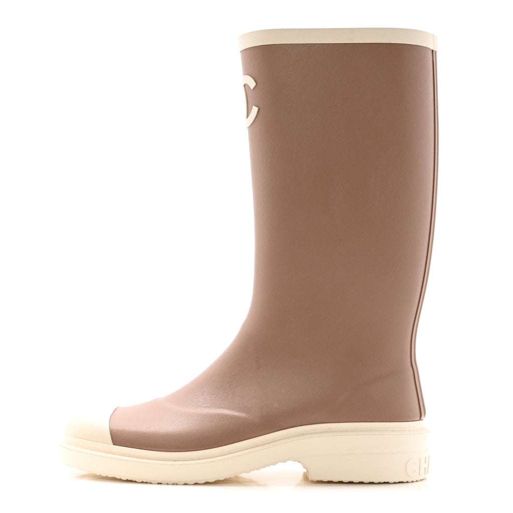 Chanel Caoutchouk CC High Boots 38 Beige White