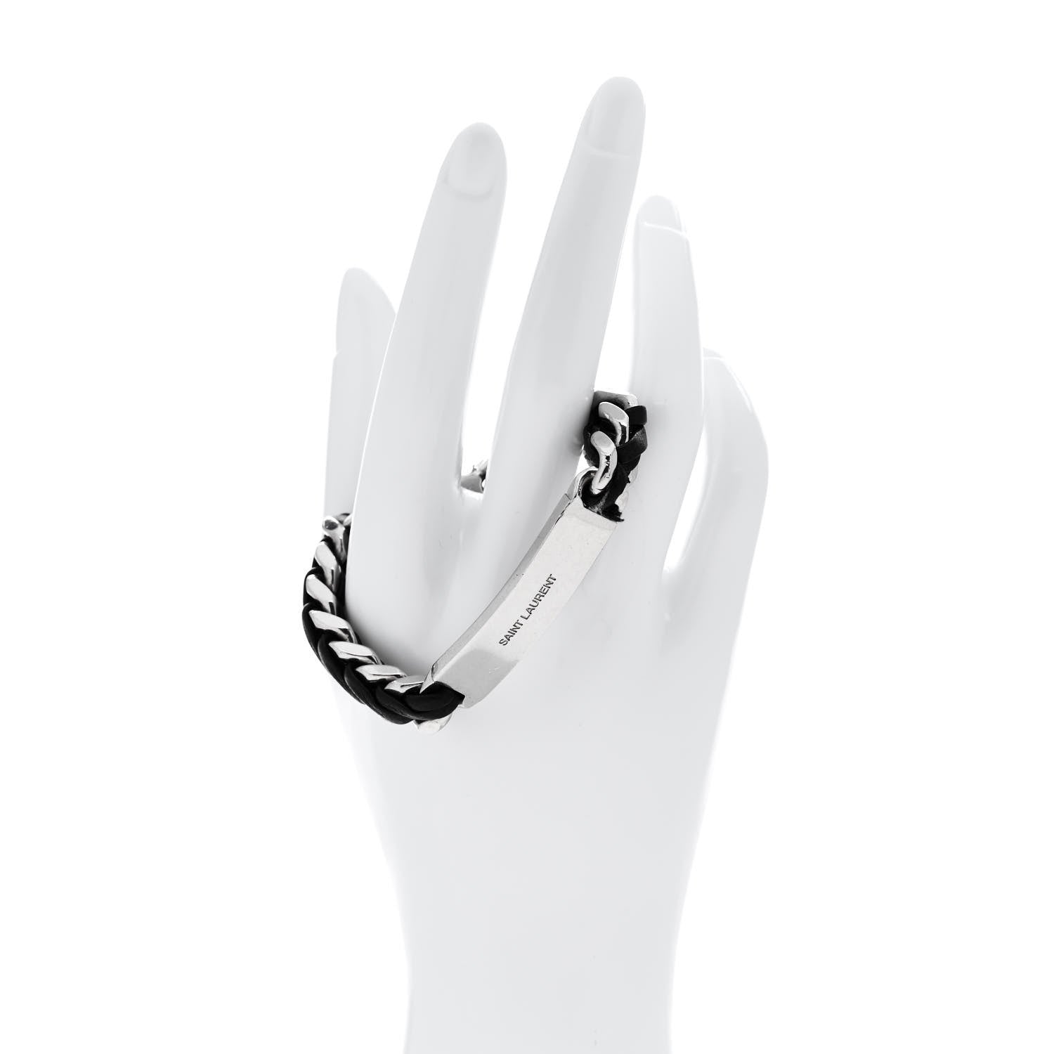 Saint Laurent Metal Leather Curb Chain Bracelet Oxidized Silver Black