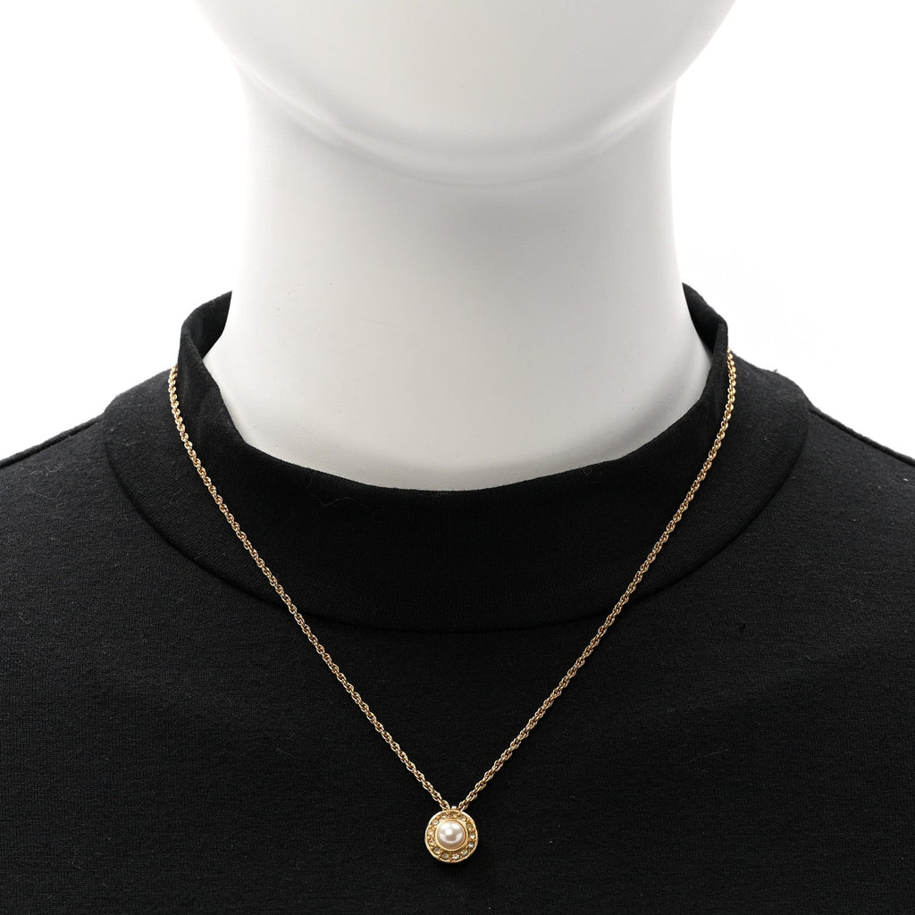Christian Dior Crystal Pearl Pendant Necklace Gold