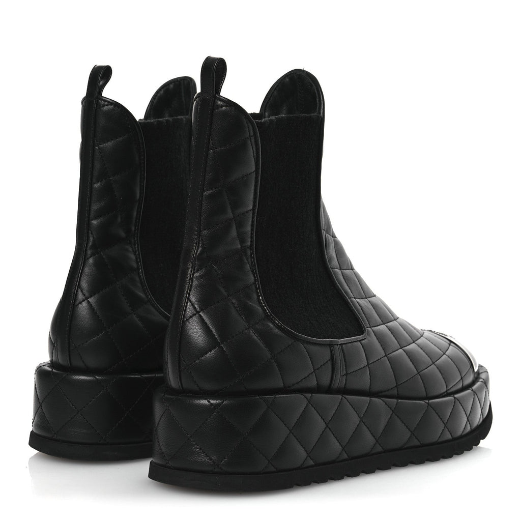 Chanel Lambskin Patent CC Cap Toe Quilted Short Platform Boots 39.5 Black