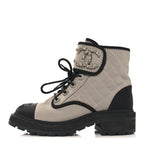 Chanel Fabric Grosgrain Lambskin Quilted Lace Up Combat Boot 36 Gray